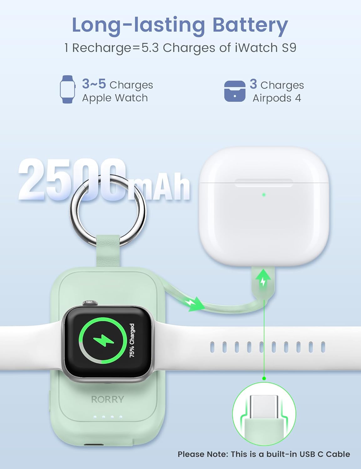 RORRY Charger for Apple Watch Series 9, 2500mAh Fast Charging Portable Charger for iWatch, Travel Charger with Built-in USB C Cable for Apple Watch Ultra Series 9 8 7 6 5 4 3 2 SE Accessories, Pink