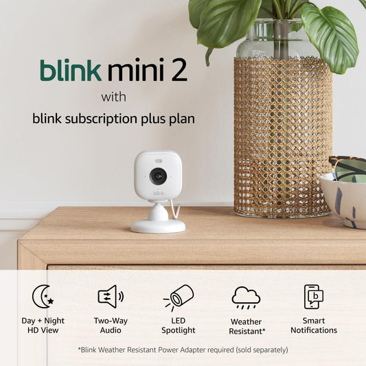 Blink Mini 2 (newest model), Plug-in smart security camera, HD night view in color, built-in spotlight, two-way audio, motion detection, Works with Alexa (White)