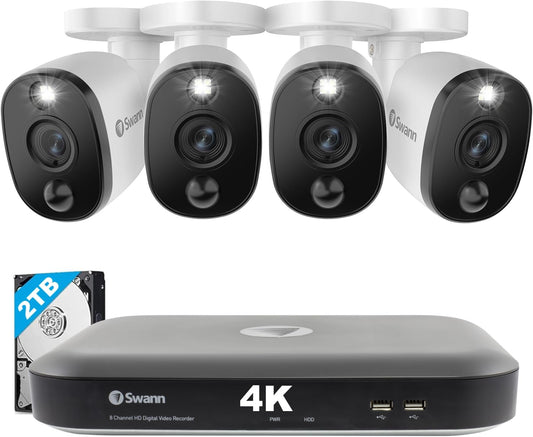 Swann Home Security Camera System with 2TB HDD, 8 Channel 4 Cam, 4K Ultra HD DVR, Indoor/Outdoor Wired Surveillance CCTV, Color Night Vision, Heat/Motion Warning Light, Alexa   Google, SWDVK-855804WL