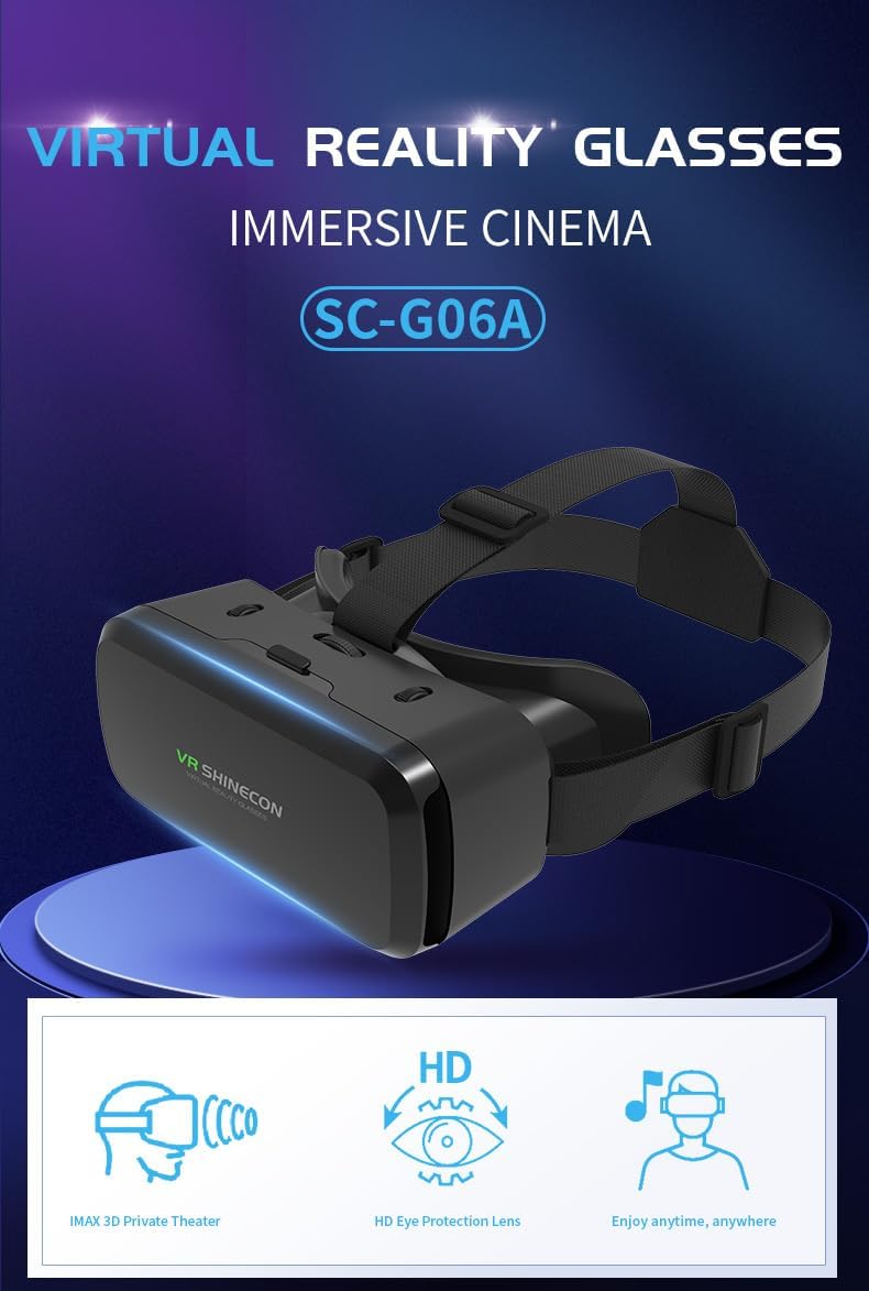 VR Headset for Samsung and Android Phones - Anti-Blue Eyes Protected HD Lenses, VR Goggles for All Smartphone /4.7-6.0in (Black) (with Handle)