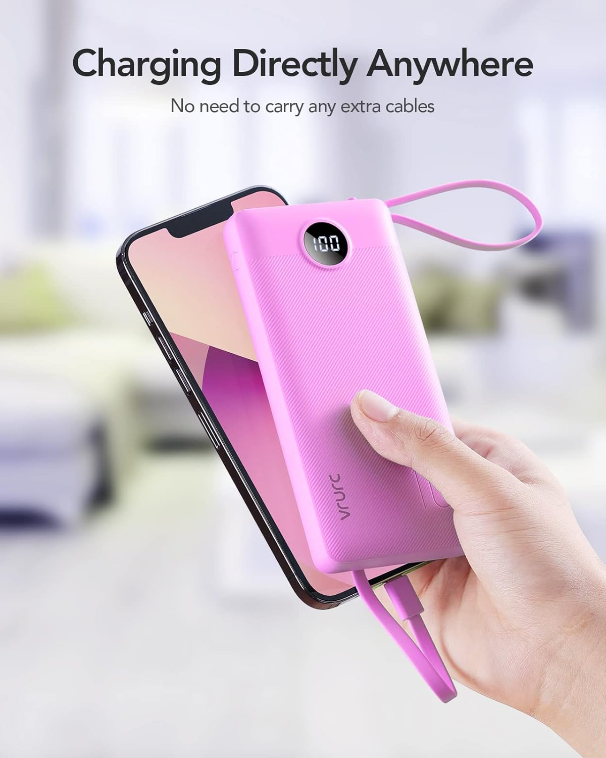VRURC 10000mAh Power Bank Built-in Cables, Portable Charger with LED Display, Slim Travel Battery Pack with Cords, 5 Output Dual Input Phone Charger for Cell Phone Smart Devcies-Blue(1 Pack)