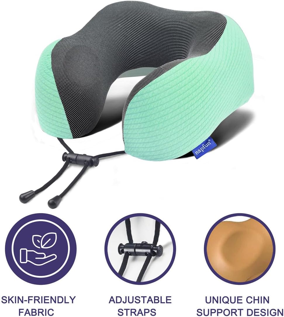 napfun Neck Pillow for Traveling, Upgraded Travel Neck Pillow for Airplane 100% Pure Memory Foam Travel Pillow for Flight Headrest Sleep, Portable Plane Accessories, Striped Black