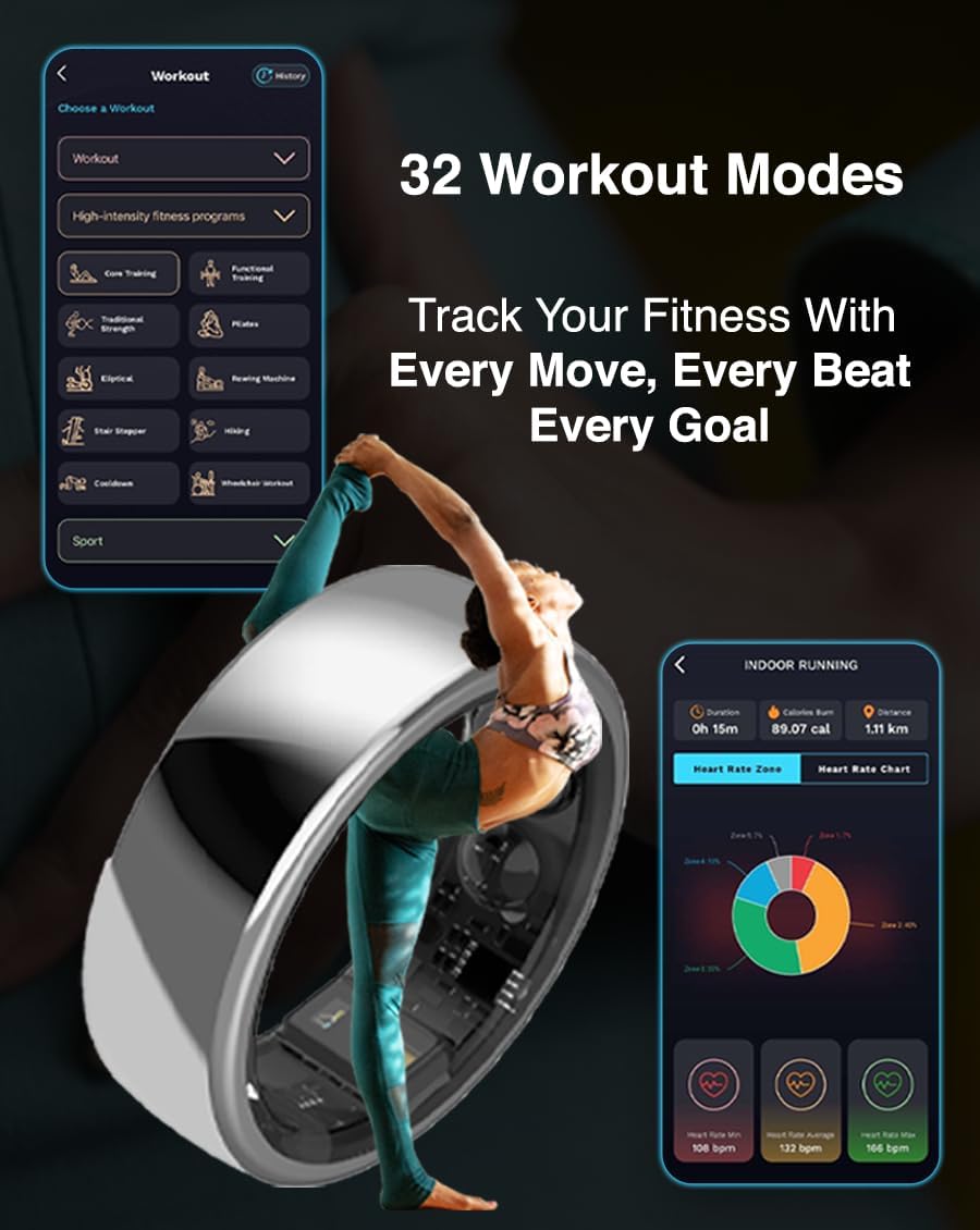 Aabo AI Smart Ring for Men &amp; Women | Fitness Tracking - 32 Modes | Sleep &amp; Stress Monitoring | Titanium Ring | No App Subscription | IP68 Water Resistant | Upto 7-Day Battery Life |Black, Size 11