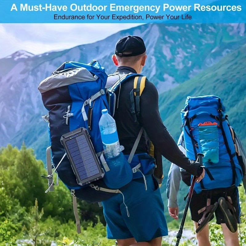Solar Power Bank: Portable Charger with Dual LED Flashlights, USB Input/Output & Waterproof Solar Panel