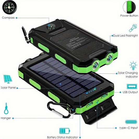 Solar Power Bank: Portable Charger with Dual LED Flashlights, USB Input/Output & Waterproof Solar Panel