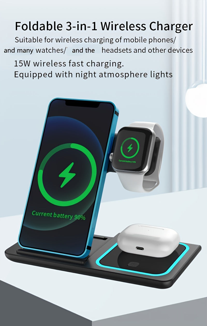 TIMESS 3-in-1 Wireless Charging Station, for iPhone 16, 15, 14,13,12,11/Pro/Max/Mini/Plus, X, XR, XS/Max, SE, 8/Plus, for Apple Watch 1-9, for Airpods 3/2/Pro