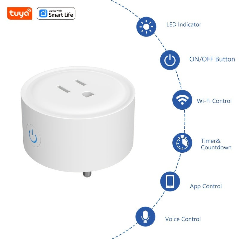 Tuya Mini WiFi Smart Plug - US Standard 10A, Round Outlet with Timer & App Control, Compatible with Alexa & Google Home, No Hub Needed, FCC Certified