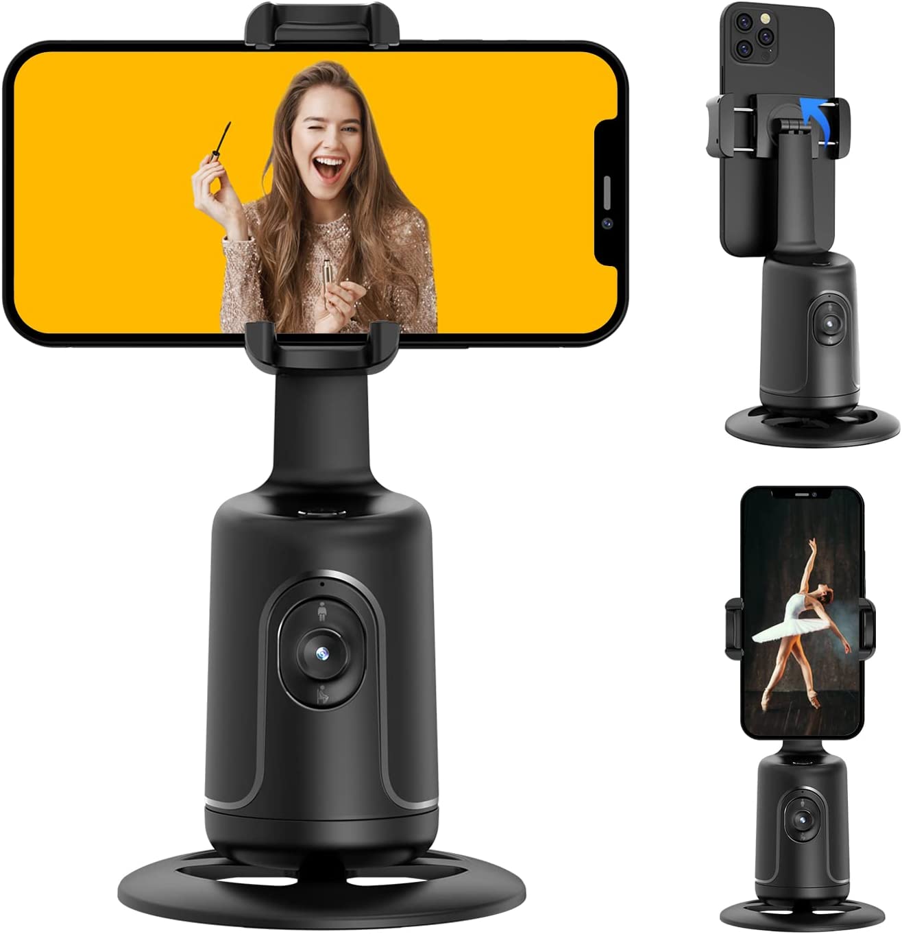 HKXYK Face Tracking Tripod, Desktop Gimbal, No App Required, 360° Rotation Face Body Phone Camera, Mount Smart Phone Tracking Holder for Live Vlog Streaming Video, Rechargeable Battery-Black