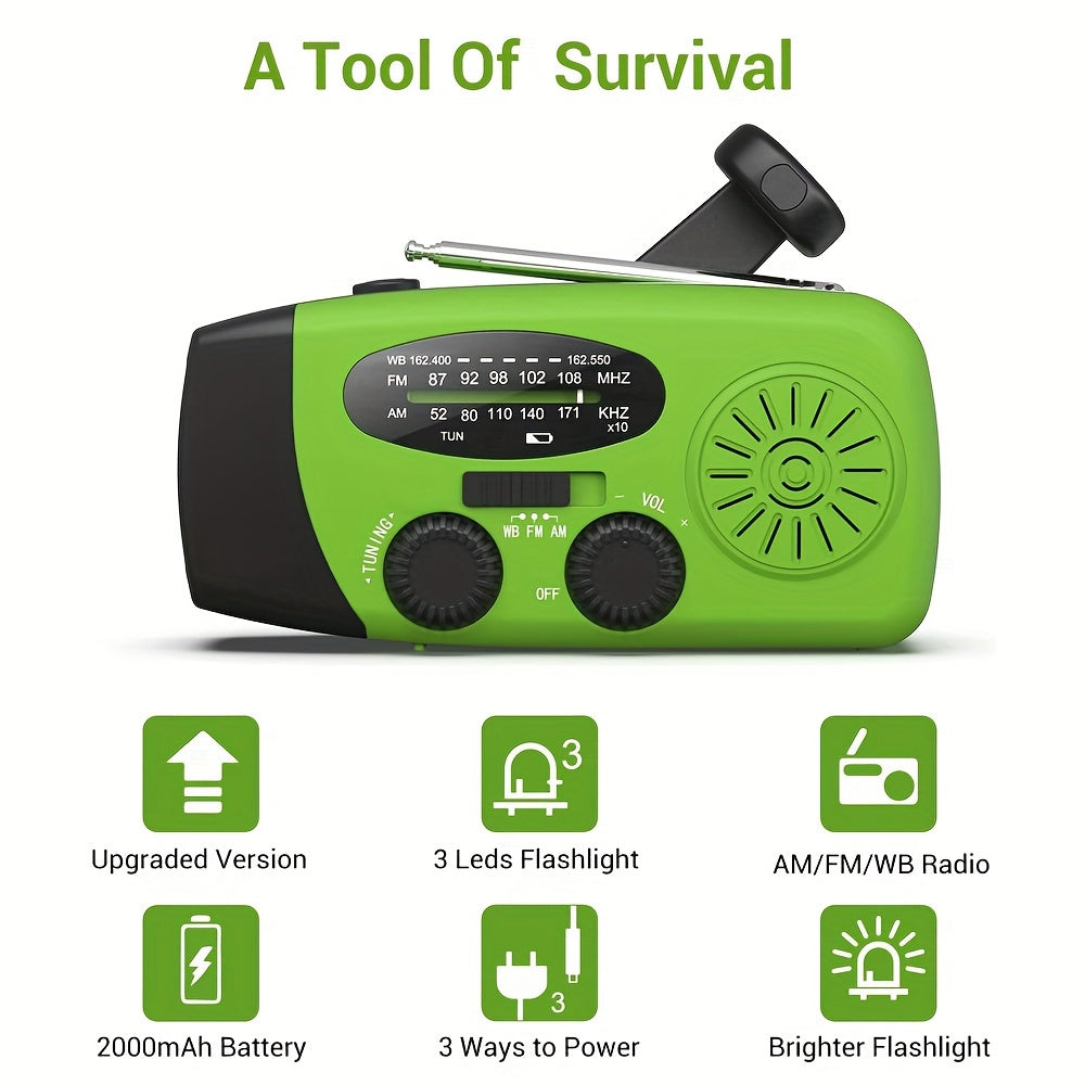 Emergency Hand Crank Radio with 2000mAh Power Bank Phone Charger, AM/FM/NOAA Portable Weather Radio with 3 LED Flashlight, Solar Powered USB Rechargeable Radio for Indoor Outdoor Camping