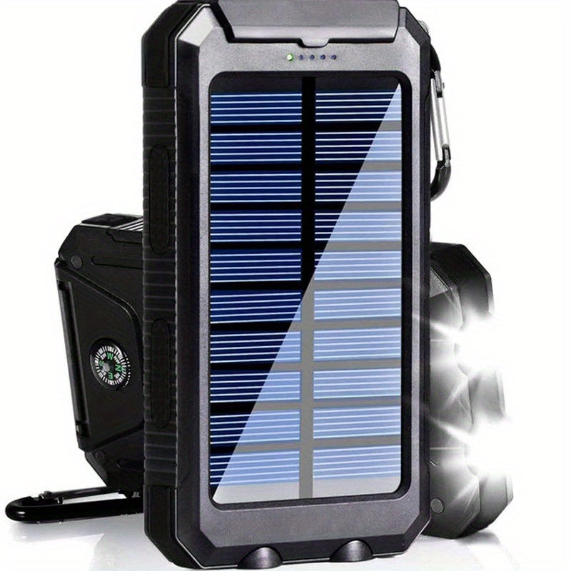 Solar Power Bank: Portable Charger with Dual LED Flashlights, USB Input/Output & Waterproof Solar Panel
