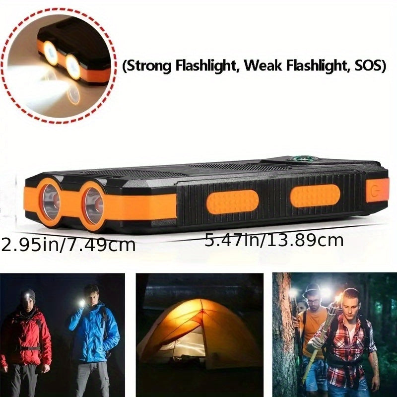 Solar Power Bank: Portable Charger with Dual LED Flashlights, USB Input/Output & Waterproof Solar Panel