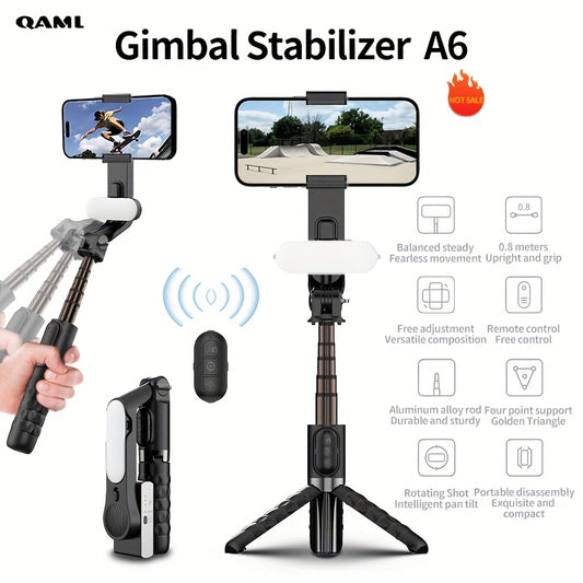 QAML A6 2024 Handheld Gimbal Stabilizer with Selfie Stick Tripod Stand, Wireless Wireless Remote, 1-Axis for Smartphone, 400mAh Rechargeable Lithium Polymer Battery, USB Charging, ABS Material, Compatible with iPhone & Android Devices