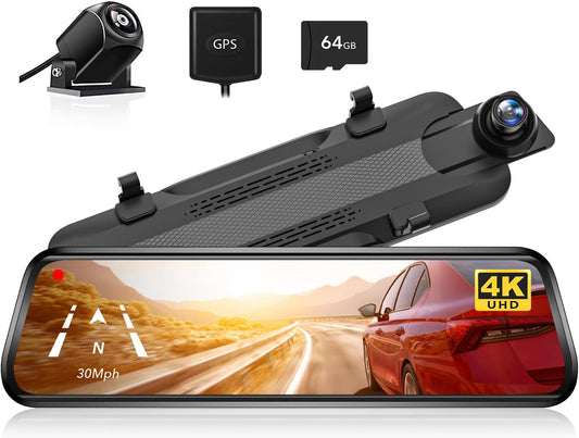 WOLFBOX G930 10&#39;&#39; Rear View Mirror Camera with 5.8GHz WiFi, 4K Dash Cam Front and Rear with WDR, Touch Screen Rearview Mirror Backup Camera, Parking Monitor, Reverse Assist, Includes 64GB Card &amp; GPS