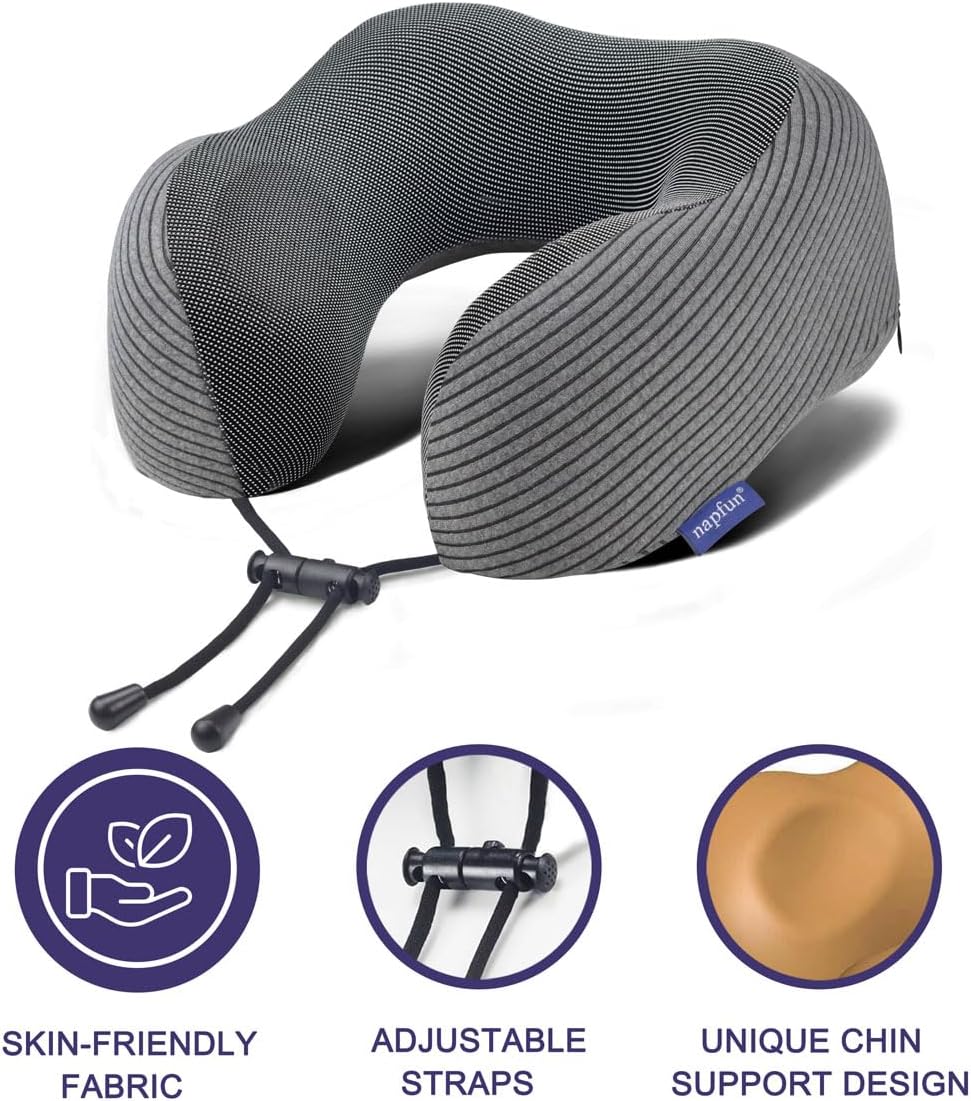 napfun Neck Pillow for Traveling, Upgraded Travel Neck Pillow for Airplane 100% Pure Memory Foam Travel Pillow for Flight Headrest Sleep, Portable Plane Accessories, Striped Black