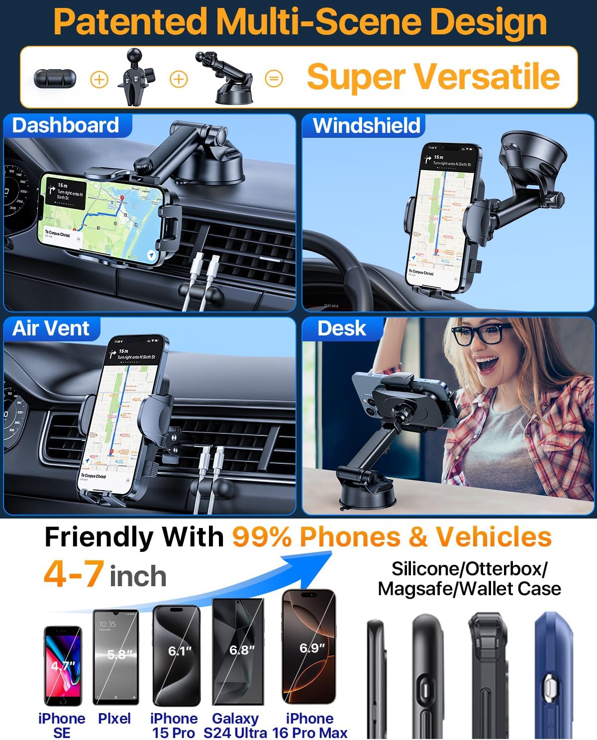 [2024 Upgrade 80LBS Strong Suction]YRU Car Phone Holder Mount,[Bumpy Road Stable]Dashboard Cell Phone Holder for Car Air Vent Windshield Phone Stand for iPhone 15 14 13 12 Pro Max Samsung Truck, Black