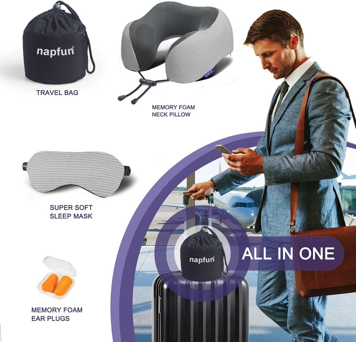 napfun Neck Pillow for Traveling, Upgraded Travel Neck Pillow for Airplane 100% Pure Memory Foam Travel Pillow for Flight Headrest Sleep, Portable Plane Accessories, Striped Black