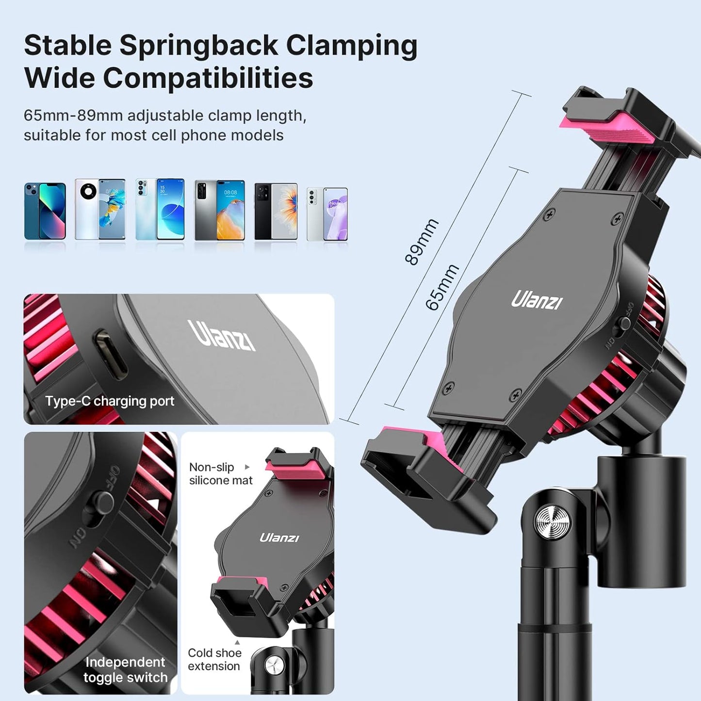 ULANZI SK-06 Cell Phone Cooler Phone Stand, Desktop Cell Phone Gaming Radiator with Cooling Device, Height Adjustable Phone Stand 2.56-3.49 inches iOS/Android Semiconductor Heatsink Cooling