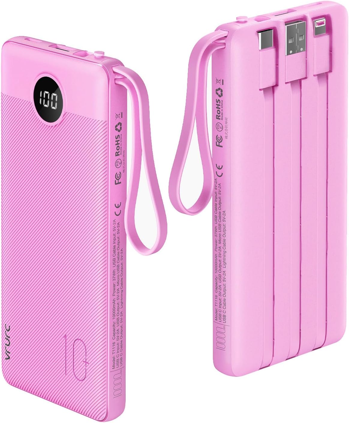VRURC 10000mAh Power Bank Built-in Cables, Portable Charger with LED Display, Slim Travel Battery Pack with Cords, 5 Output Dual Input Phone Charger for Cell Phone Smart Devcies-Blue(1 Pack)