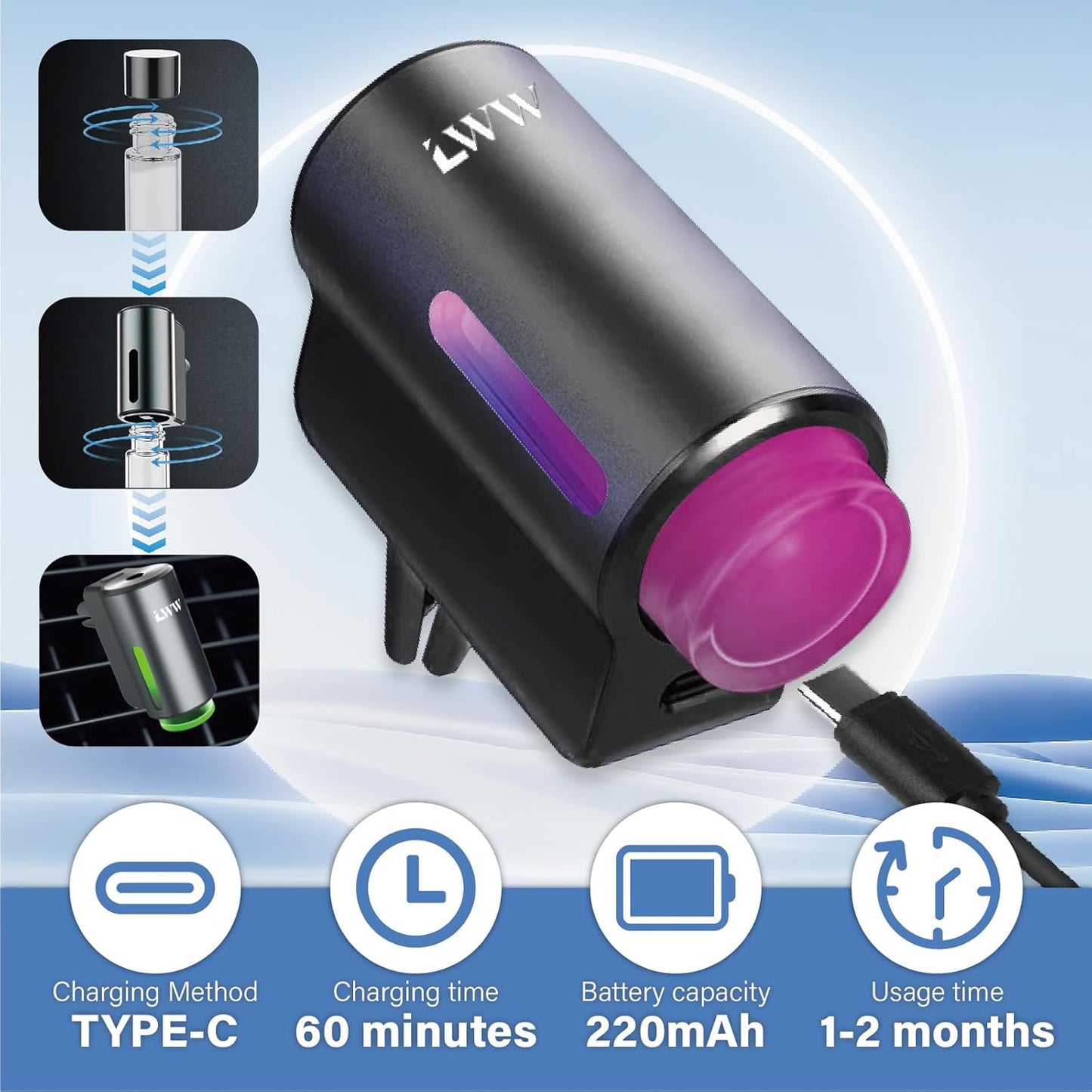 Smart Car Air Freshener, 3 Levels of Adjustable Intensity, Aroma Rechargeable Aroma Diffuser, Adjustable Aroma Diffuser, 220mAh Built-in， Fresh Intense Ocean Perfume