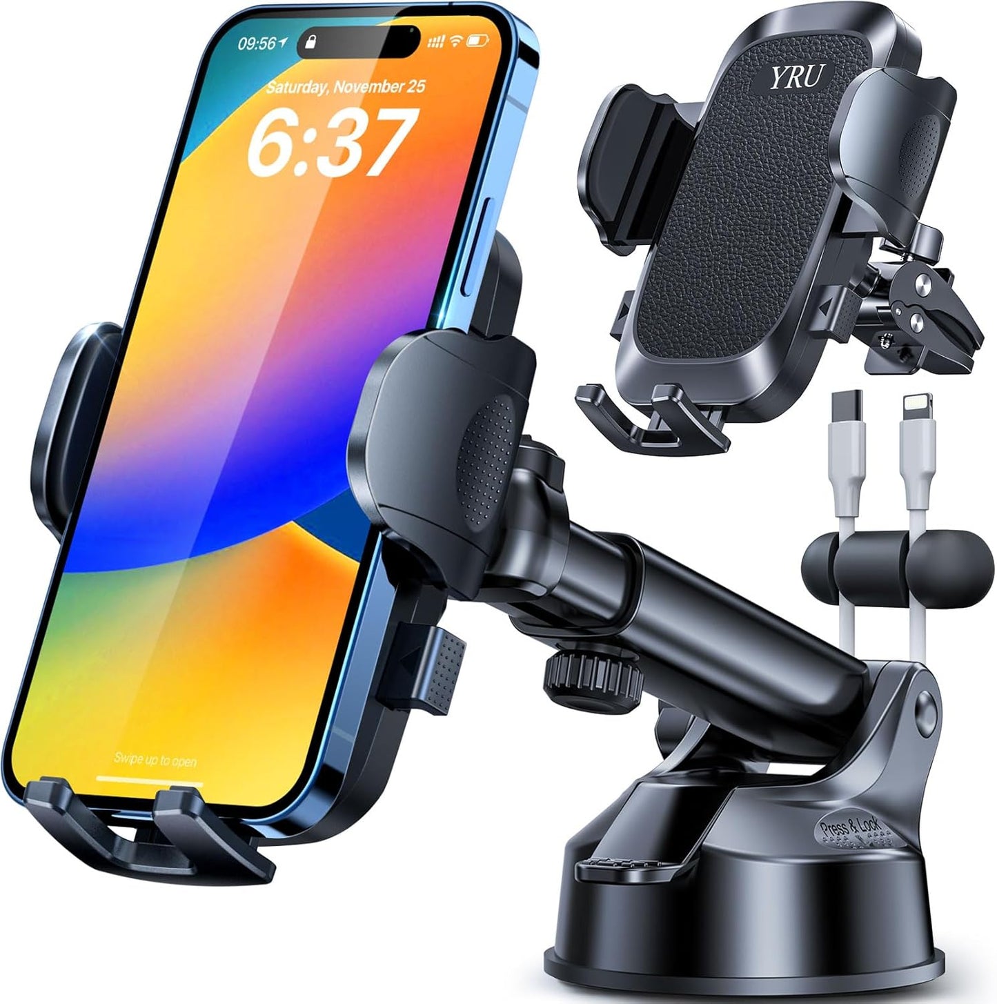[2024 Upgrade 80LBS Strong Suction]YRU Car Phone Holder Mount,[Bumpy Road Stable]Dashboard Cell Phone Holder for Car Air Vent Windshield Phone Stand for iPhone 15 14 13 12 Pro Max Samsung Truck, Black