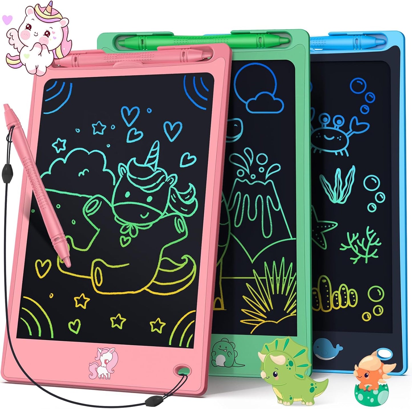 FLUESTON LCD Writing Tablet for Kids,Drawing Tablet for Boys Girls 3 4 5 6 7 8 Year,8.8 Inch 3pcs in 1 Pack Drawing Pad Toy Christmas Birthday Gifts for Toddler,Doodle Board Cute Dinosaur Unicorn