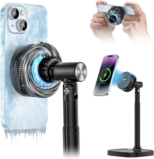 Ulanzi SK-10 3 in 1 Magnetic Cell Phone Stand with Cooling Fan and Wireless Charger for iPhone, Height Adjustable Phone Desk Holder Semiconductor Cooling Fan for Live Streaming Gaming Phone Cooler