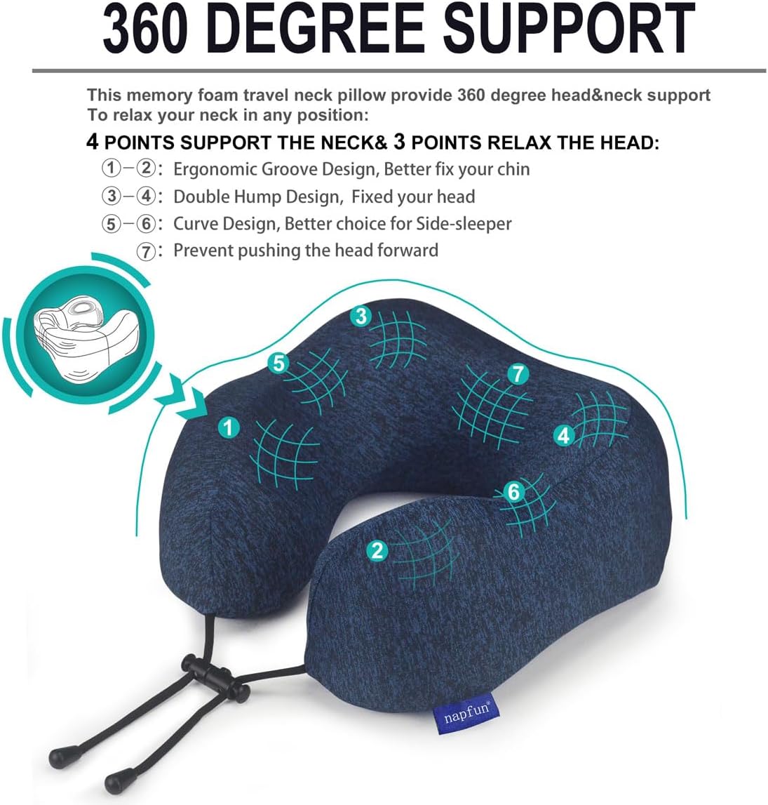napfun Neck Pillow for Traveling, Upgraded Travel Neck Pillow for Airplane 100% Pure Memory Foam Travel Pillow for Flight Headrest Sleep, Portable Plane Accessories, Striped Black