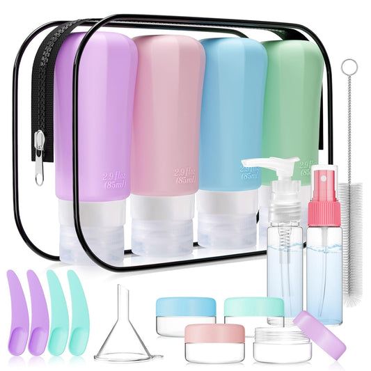 JBYAMUS 18 Pcs Silicone Travel Bottles Set, Leak-Proof Travel Size Toiletries, TSA Approved Travel Bottles for Toiletries, Portable Travel Toiletries Containers for Women (Pink-Green)