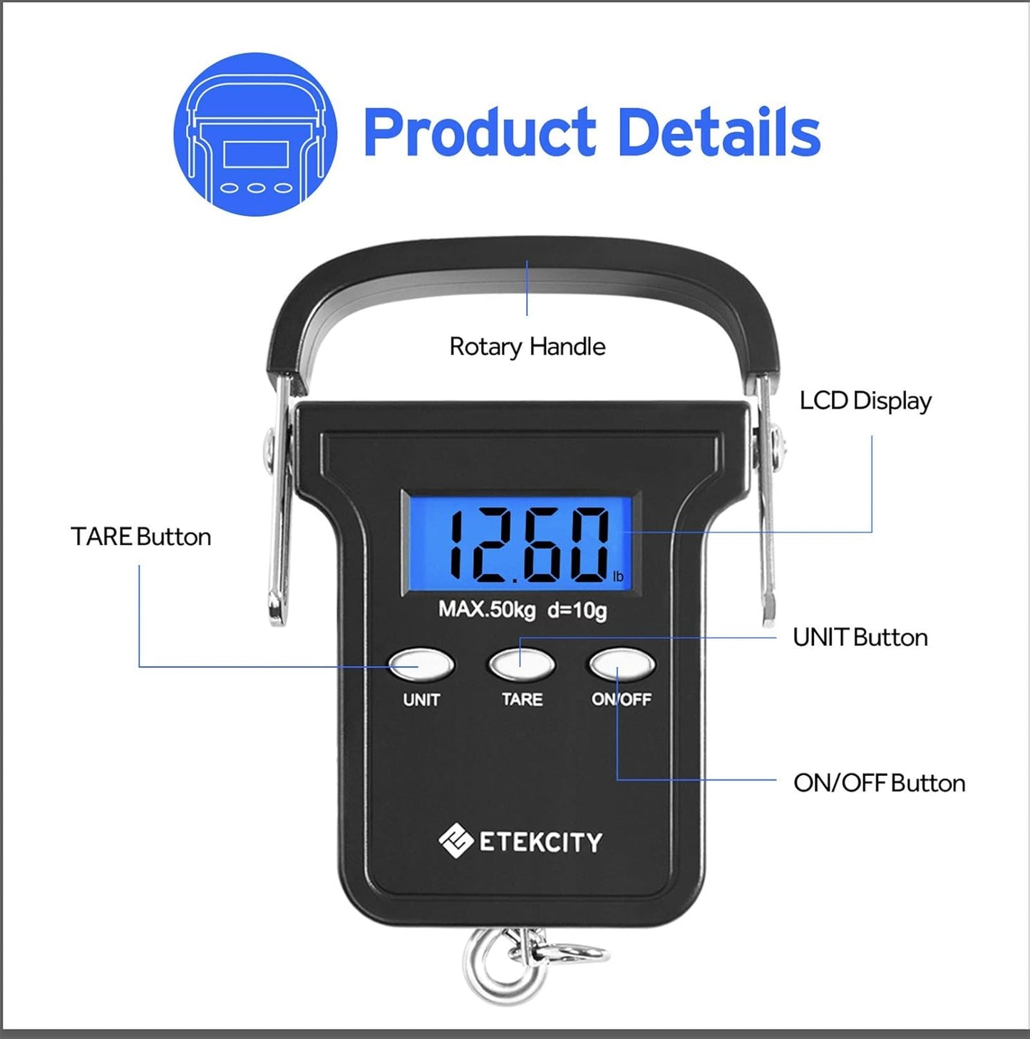 Etekcity Luggage Scale for Travel Essentials, Digital Suitcase Weight Scale with Hook, Portable Hanging Baggage Scale for Travel Accessories, 110 Pounds, Battery Included