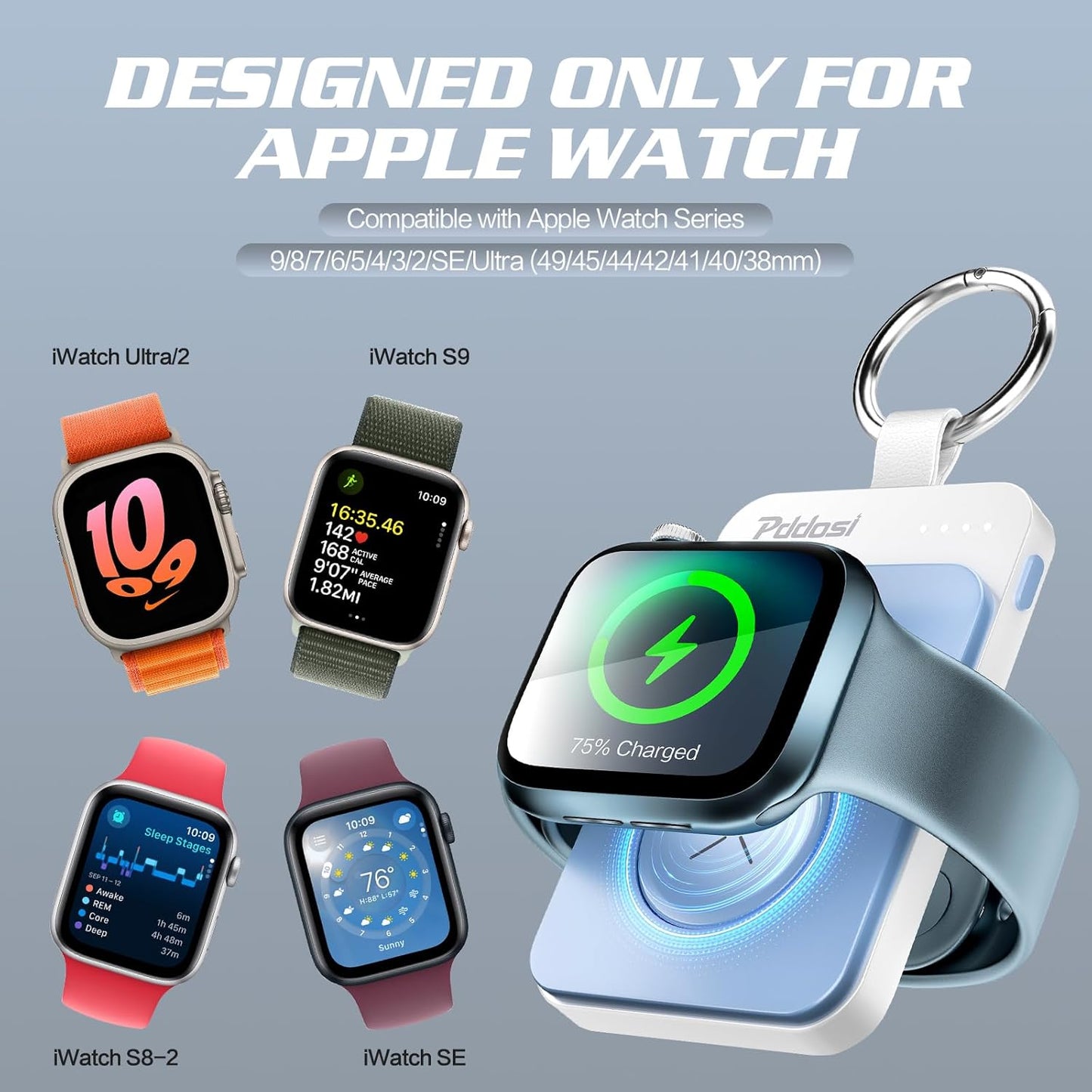 Pddosi Portable Wireless Charger Compatible for Apple Watch Series 10/9/8/UItra/7/6/5/4/3/2/SE, 1500mAh Portable iWatch Charger Travel, Magnetic Portable Watch Charger Keychain with USB C (Pink)