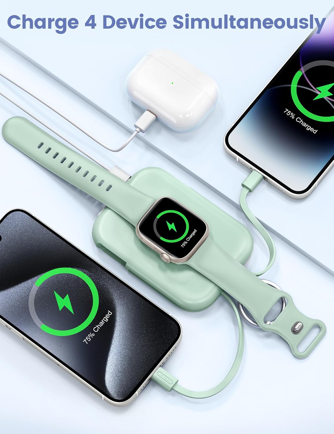 RORRY Portable Charger, 5000mAh Portable Charger Power Bank with Built-in Cables, Travel Keychain Battery Pack for Apple Watch Ultra 2/9/8/Ultra/7/6/SE/5, iPhone 16/15/14/13/12, Purple