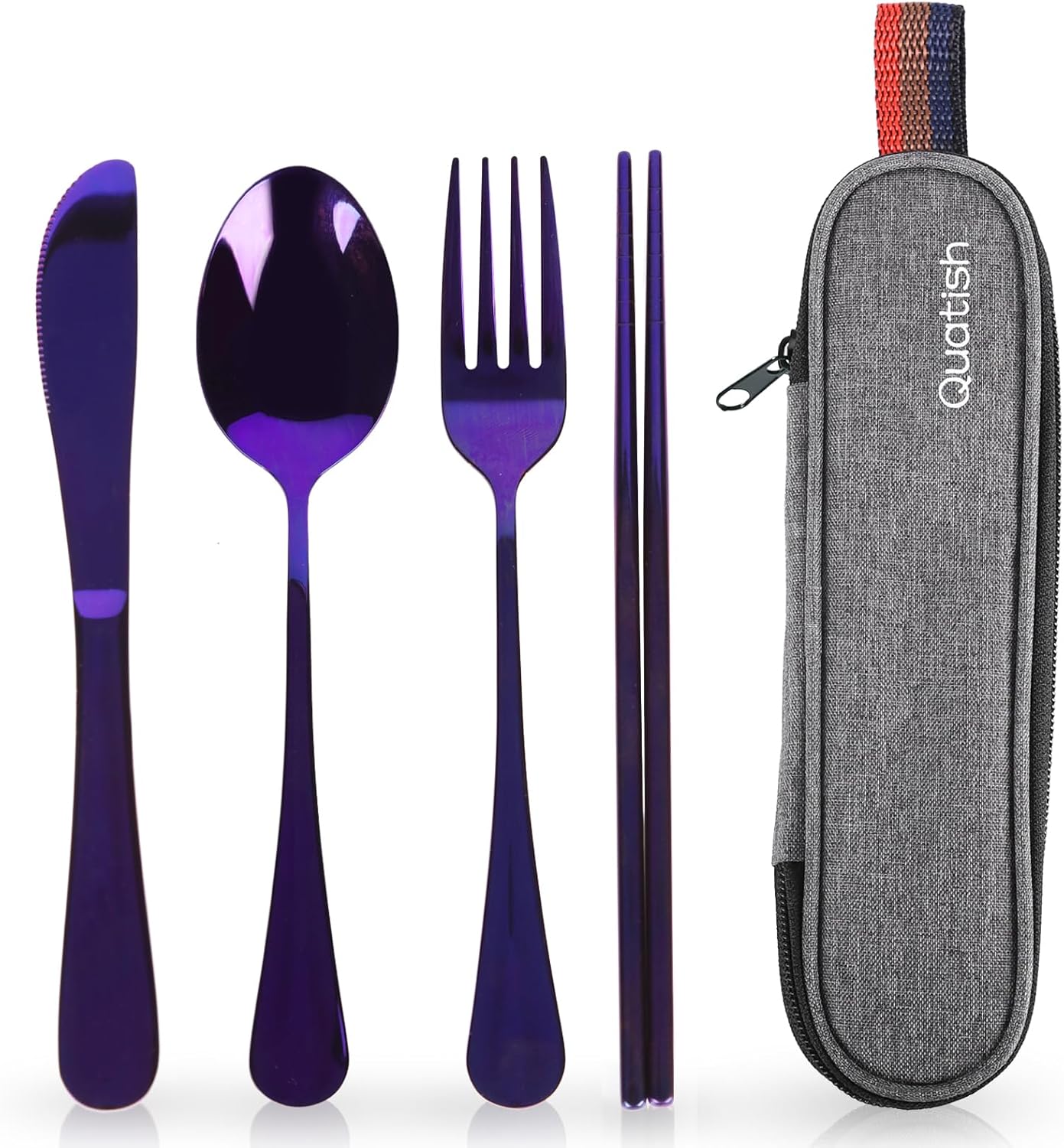 Travel Utensils with Case, Quatish Portable Silverware Set for Work, Stainless Steel Reusable Travel Cutlery Set, Fork and Spoon Set for Camping, Picnic, Gadgets, Lunch Box for Men, Black