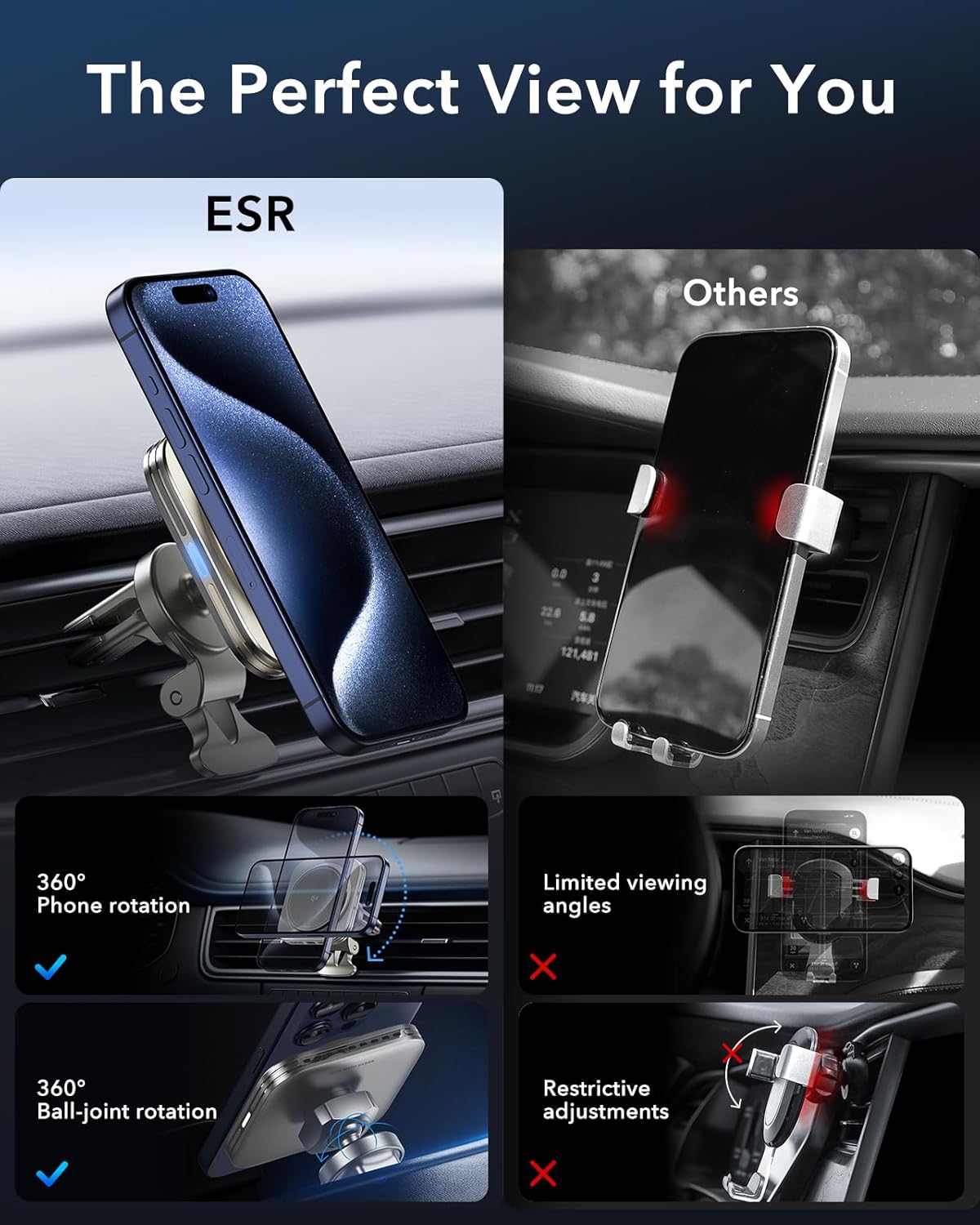 ESR for Qi2-Certified 15W MagSafe Car Mount Charger with CryoBoost, Phone Cooling MagSafe Car Charger, Air Vent/Dashboard Wireless Car Charger for iPhone 16/15/14/13/12, Fast Charger, Black
