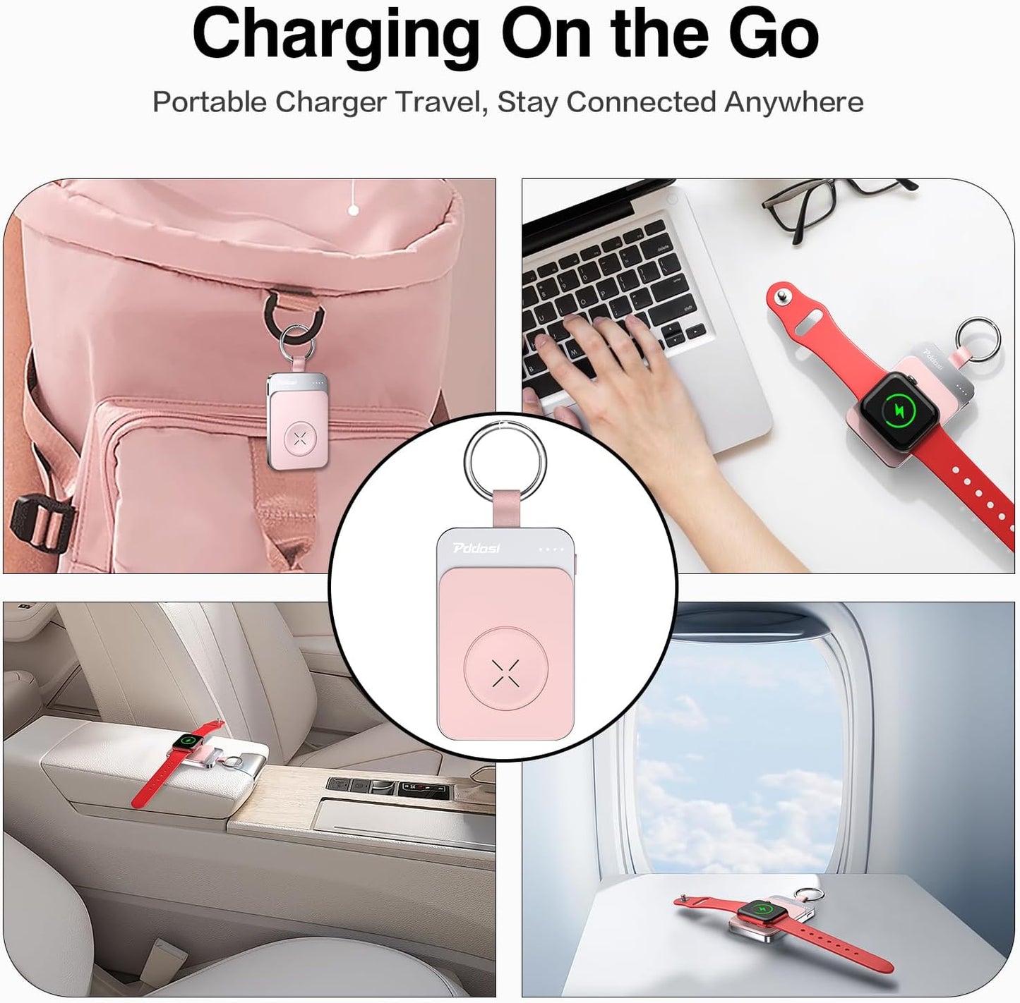 Pddosi Portable Wireless Charger Compatible for Apple Watch Series 10/9/8/UItra/7/6/5/4/3/2/SE, 1500mAh Portable iWatch Charger Travel, Magnetic Portable Watch Charger Keychain with USB C (Pink)
