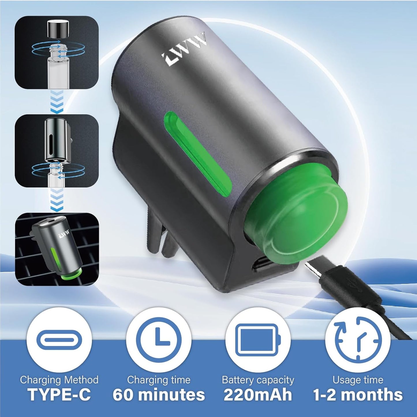 Smart Car Air Freshener, 3 Levels of Adjustable Intensity, Aroma Rechargeable Aroma Diffuser, Adjustable Aroma Diffuser, 220mAh Built-in， Fresh Intense Ocean Perfume