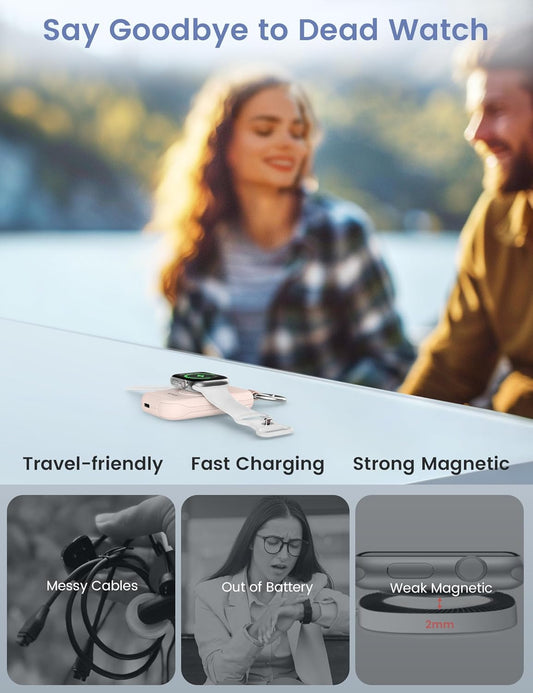 RORRY Charger for Apple Watch Series 9, 2500mAh Fast Charging Portable Charger for iWatch, Travel Charger with Built-in USB C Cable for Apple Watch Ultra Series 9 8 7 6 5 4 3 2 SE Accessories, Pink