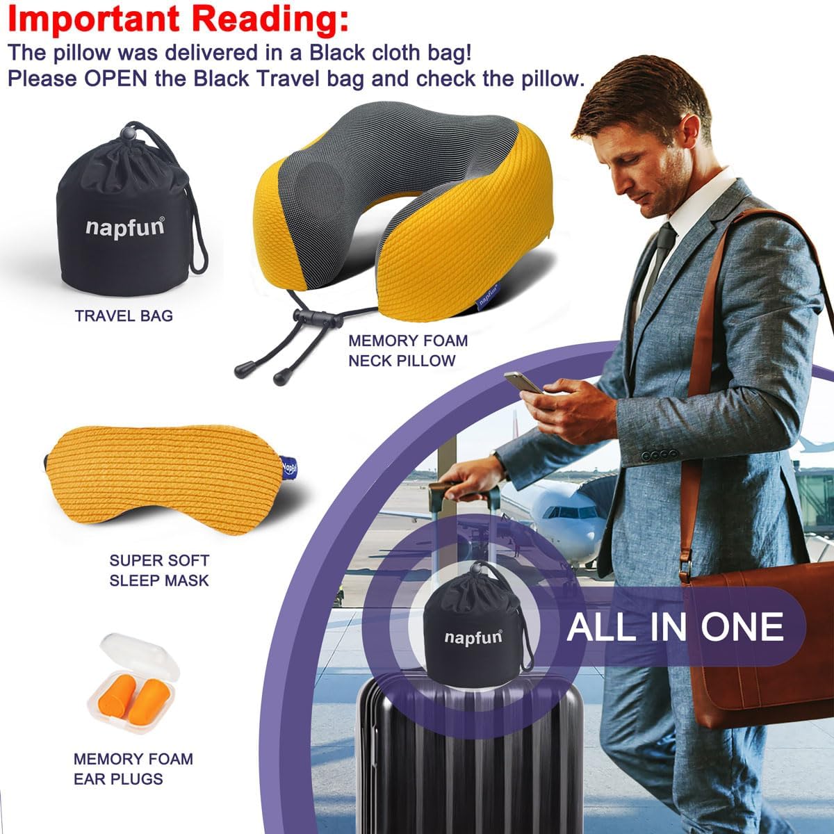 napfun Neck Pillow for Traveling, Upgraded Travel Neck Pillow for Airplane 100% Pure Memory Foam Travel Pillow for Flight Headrest Sleep, Portable Plane Accessories, Striped Black