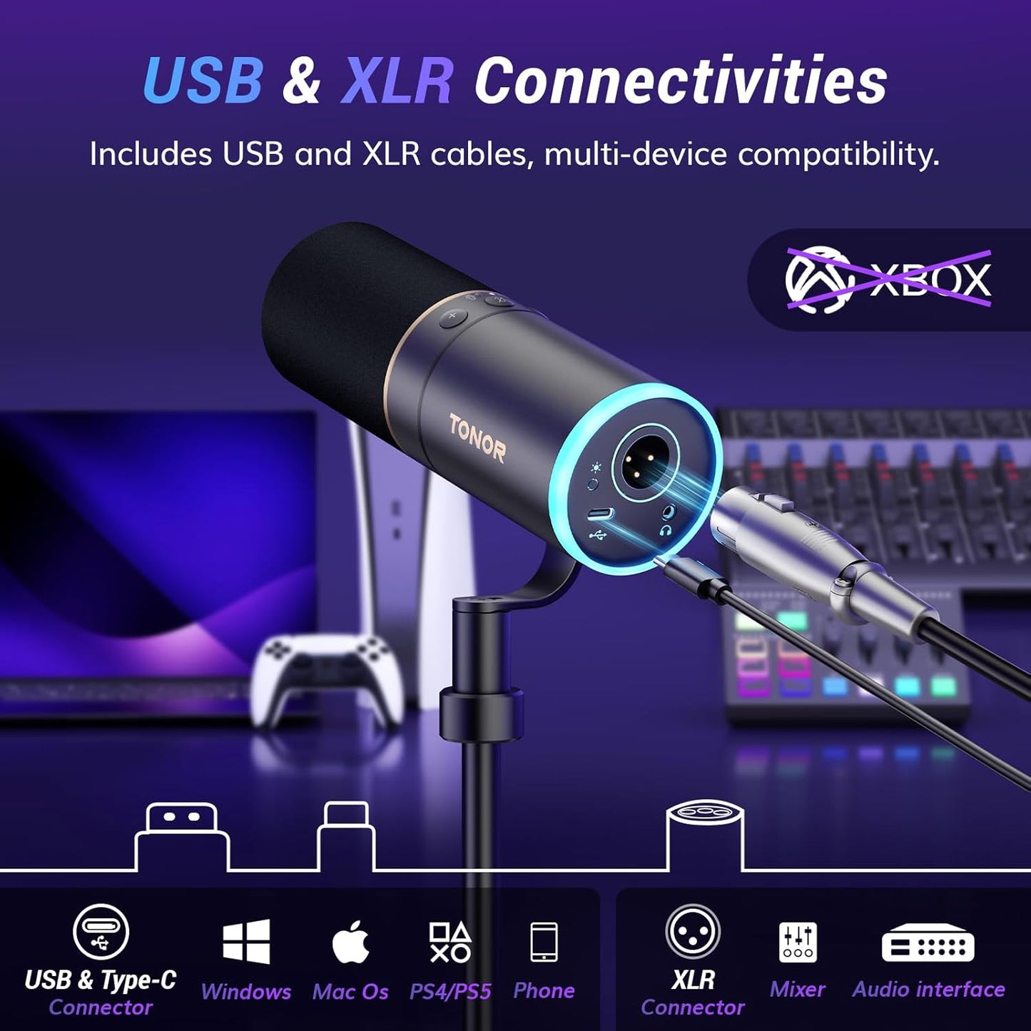TONOR XLR/USB Gaming Microphone Kit, RGB Dynamic PC Mic for Streaming Podcasting with Low Profile Boom Arm, Metal Recording Mic with Gain Control, Mute, Monitoring for Mac Android Tablet PS4/5 TD520S