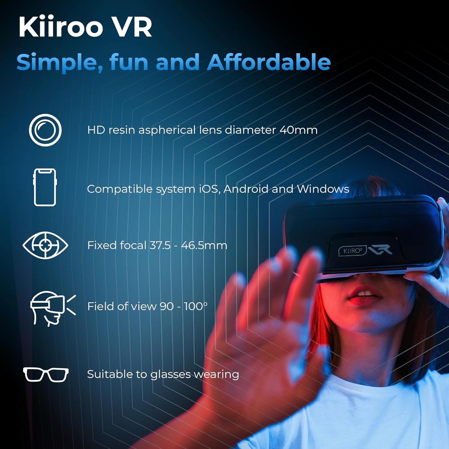 Kiiroo VR Headset for Phone - Optimized for VR Content - for iPhone, Android &amp; Windows - Fits 5.5&#34;-7.2&#34; Devices - Glasses-Friendly - 40mm HD Resin Aspherical Lens - Adjustable IPD &amp; Fixed Focus