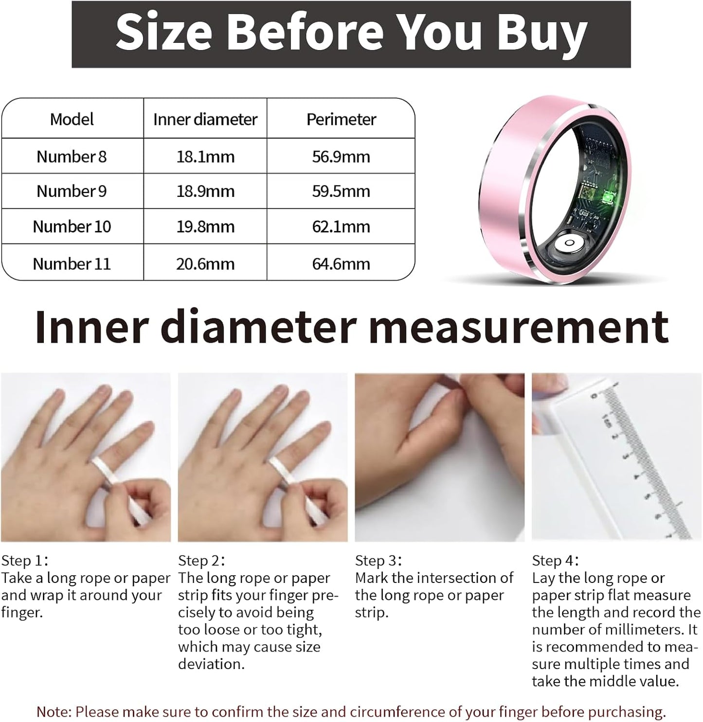 Smart Ring,Fitness Tracker Ring for Men/Women,Monitoring of Pedometer,Heart Rate,Blood Oxygen,Sleep Tracker,No App Subscription,Compatible with Android and iOS (Black,9#)