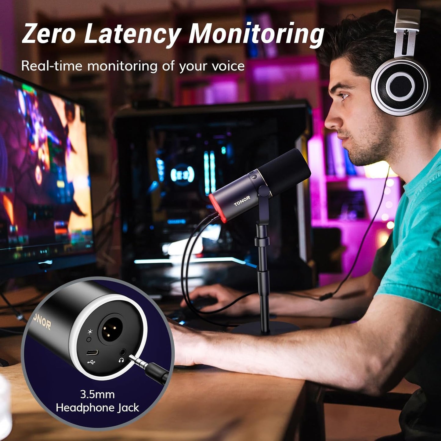TONOR XLR/USB Gaming Microphone Kit, RGB Dynamic PC Mic for Streaming Podcasting with Low Profile Boom Arm, Metal Recording Mic with Gain Control, Mute, Monitoring for Mac Android Tablet PS4/5 TD520S