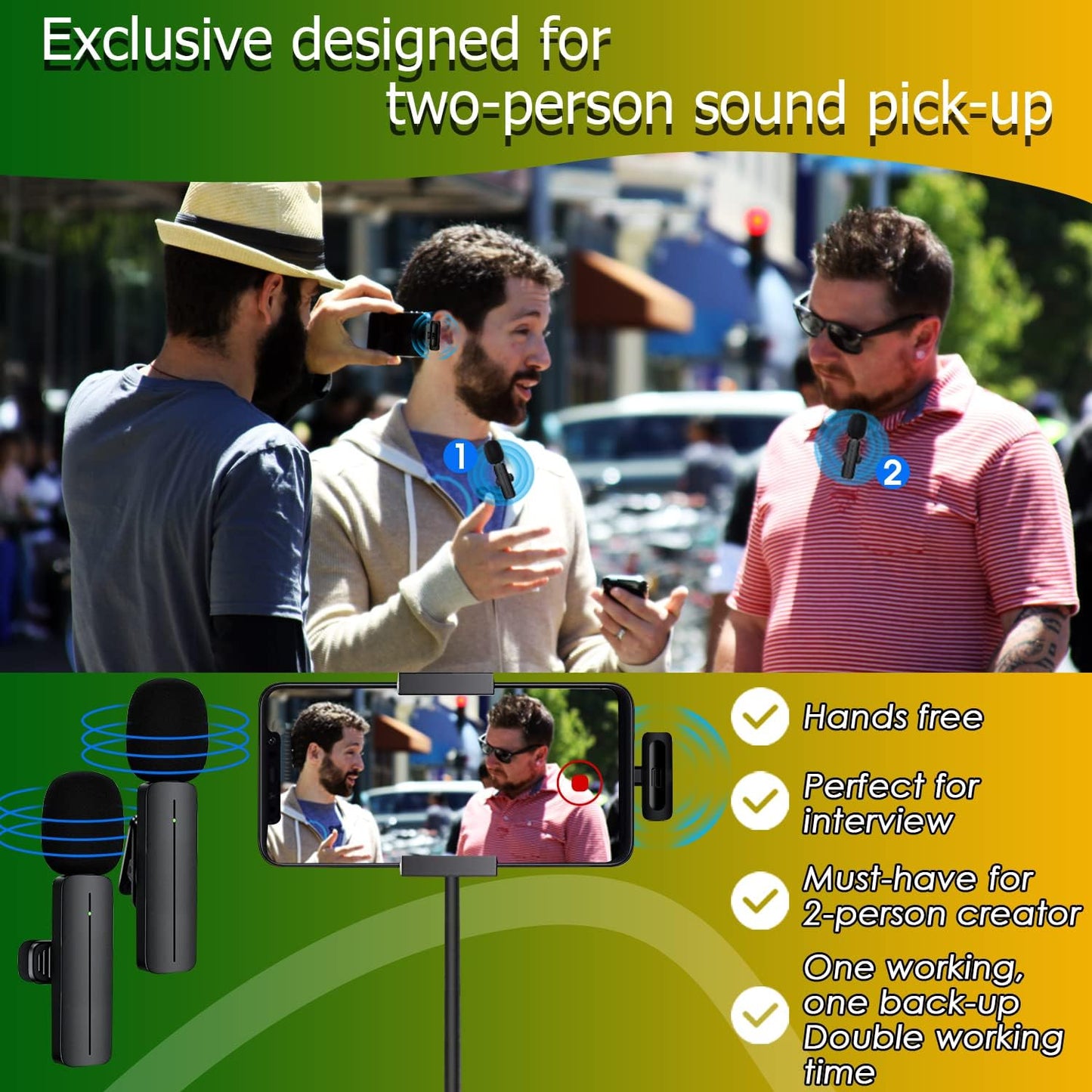 2 Pack Wireless Mini Lavalier Lapel Microphone for iPhone,Android Phone(2 in 1) - 80ft Cordless Clip on Dual Mics with Noise Reduction 5H Working Time for Video Recording Vlogging, YouTube, Interview