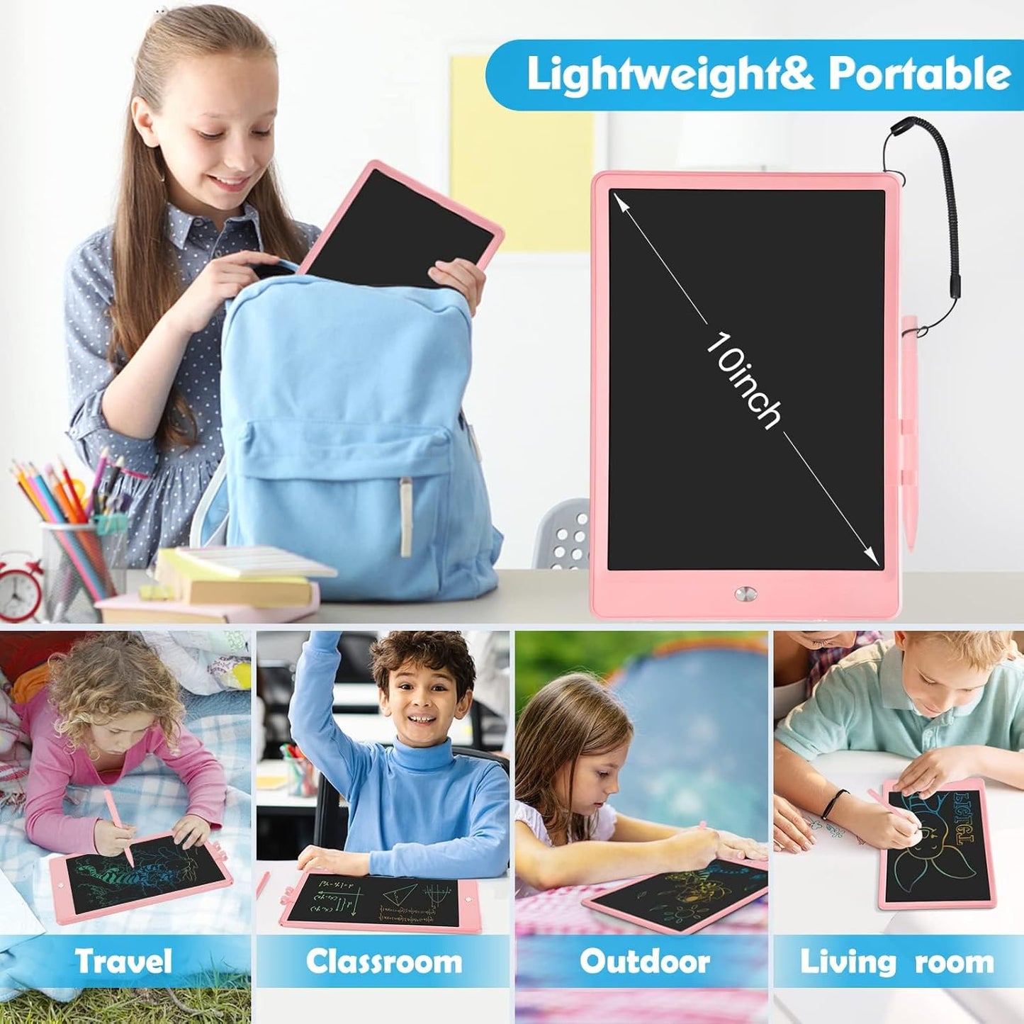 PYTTUR LCD Writing Tablet for Kids 10 Inch Colorful Toddler Drawing Tablet Reusable Doodle Board Electronic Drawing Pads Educational and Learning Kids Toys for Girls(Pink)