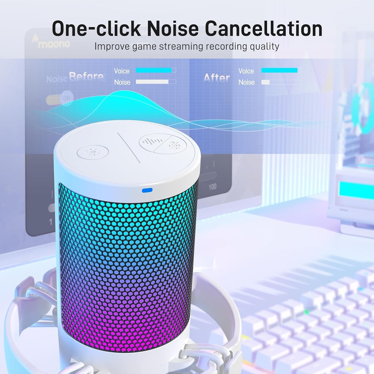 MAONO USB Gaming Microphone for PC, Noise Cancellation Condenser Mic with RGB Lights, Mute, Gain for Streaming, Recording, Podcast, Chat, Twitch, YouTube, Discord, Computer, PS5, PS4, GamerWave