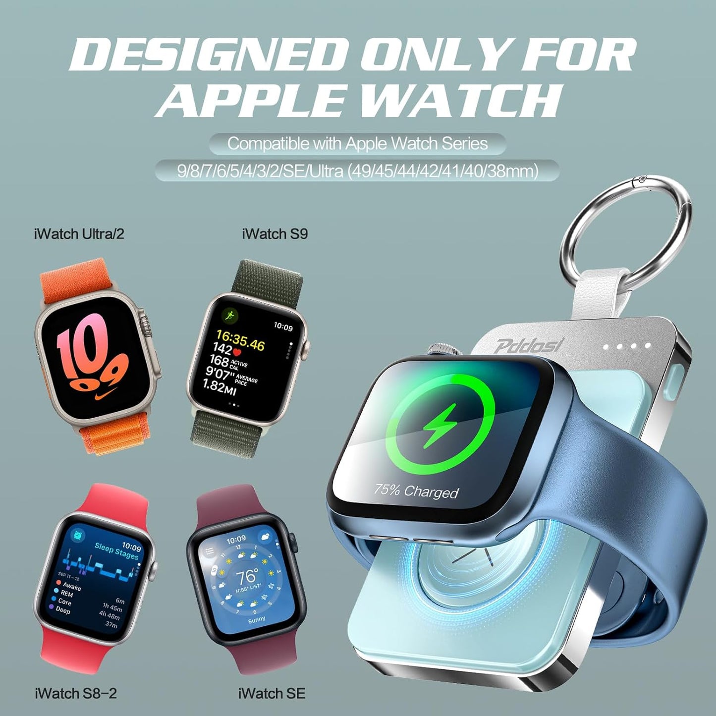 Pddosi Portable Wireless Charger Compatible for Apple Watch Series 10/9/8/UItra/7/6/5/4/3/2/SE, 1500mAh Portable iWatch Charger Travel, Magnetic Portable Watch Charger Keychain with USB C (Pink)
