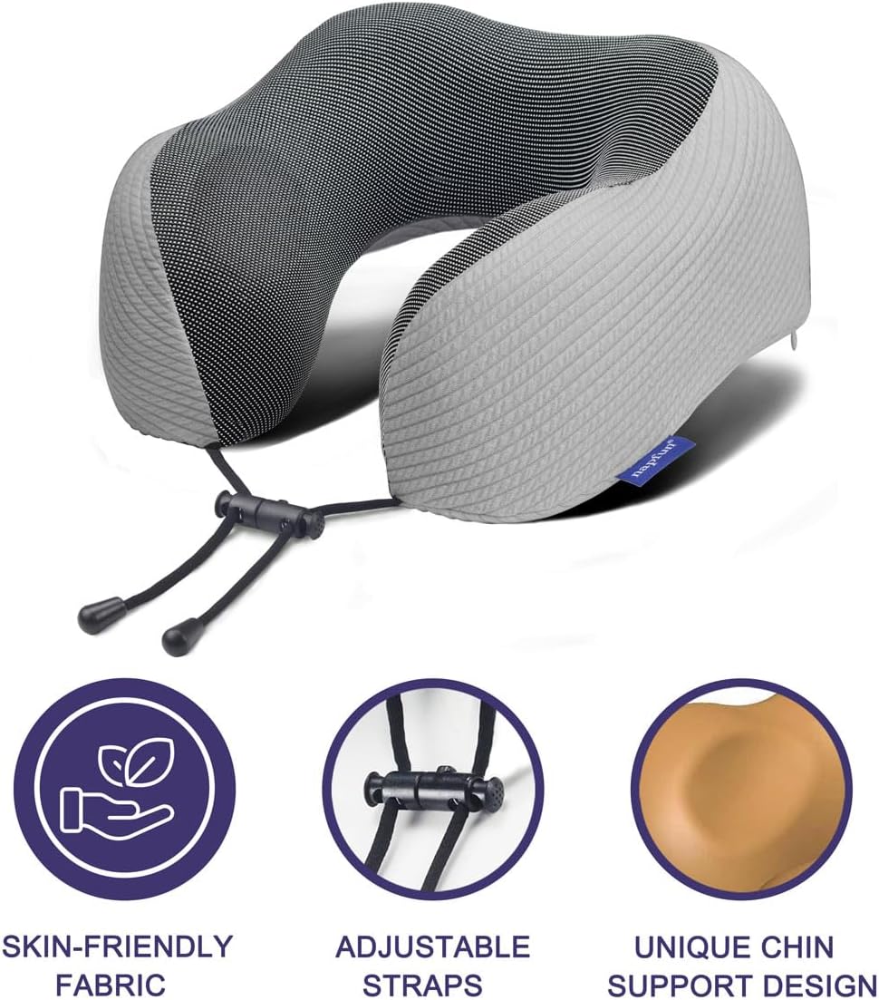napfun Neck Pillow for Traveling, Upgraded Travel Neck Pillow for Airplane 100% Pure Memory Foam Travel Pillow for Flight Headrest Sleep, Portable Plane Accessories, Striped Black
