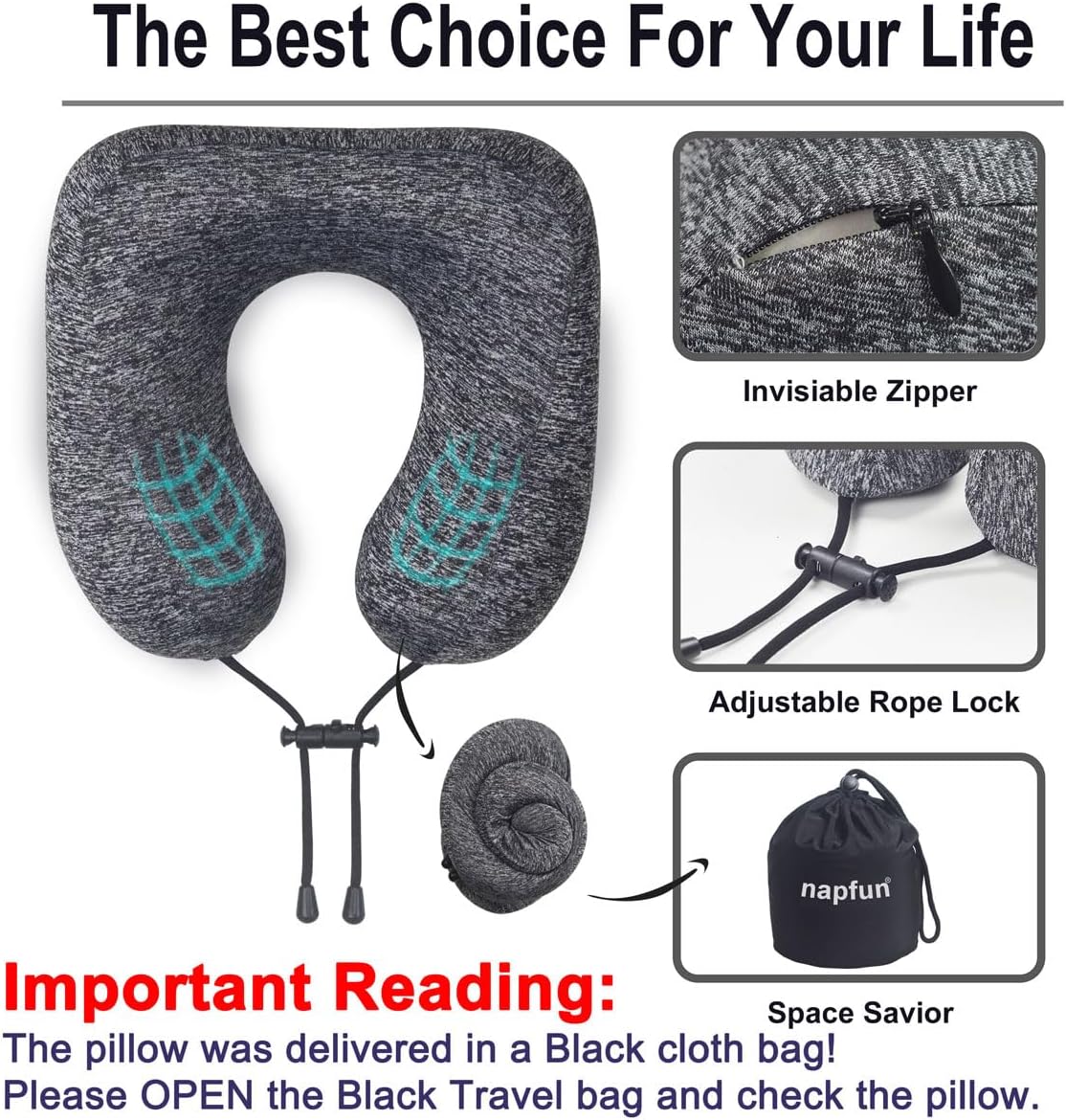napfun Neck Pillow for Traveling, Upgraded Travel Neck Pillow for Airplane 100% Pure Memory Foam Travel Pillow for Flight Headrest Sleep, Portable Plane Accessories, Striped Black