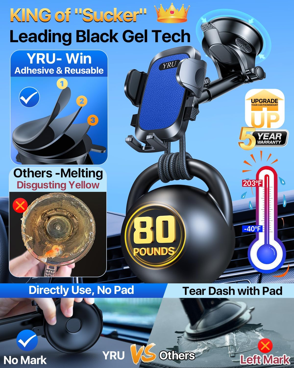 [2024 Upgrade 80LBS Strong Suction]YRU Car Phone Holder Mount,[Bumpy Road Stable]Dashboard Cell Phone Holder for Car Air Vent Windshield Phone Stand for iPhone 15 14 13 12 Pro Max Samsung Truck, Black