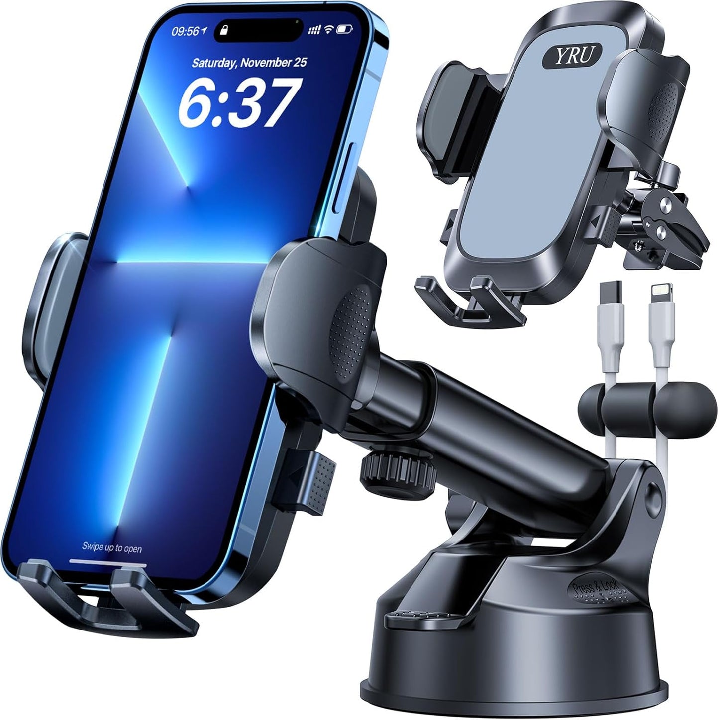 [2024 Upgrade 80LBS Strong Suction]YRU Car Phone Holder Mount,[Bumpy Road Stable]Dashboard Cell Phone Holder for Car Air Vent Windshield Phone Stand for iPhone 15 14 13 12 Pro Max Samsung Truck, Black