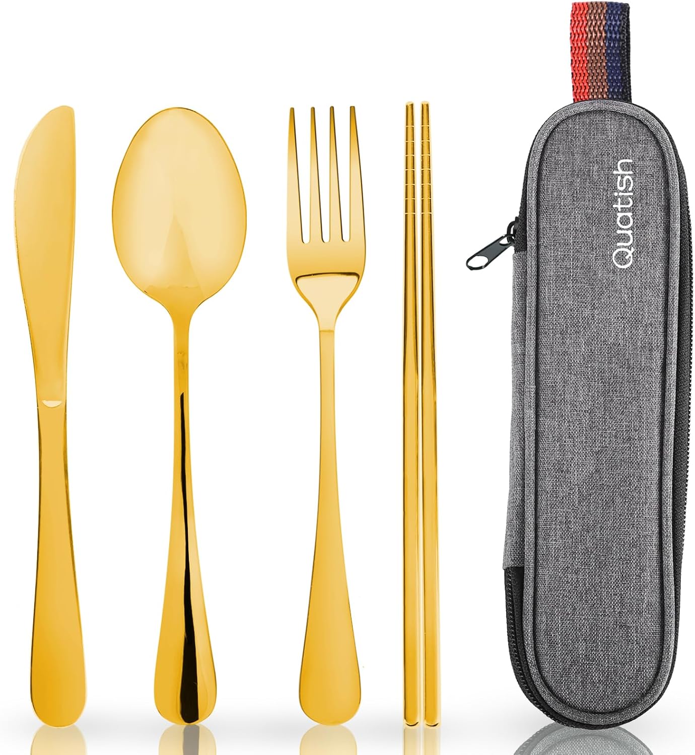 Travel Utensils with Case, Quatish Portable Silverware Set for Work, Stainless Steel Reusable Travel Cutlery Set, Fork and Spoon Set for Camping, Picnic, Gadgets, Lunch Box for Men, Black